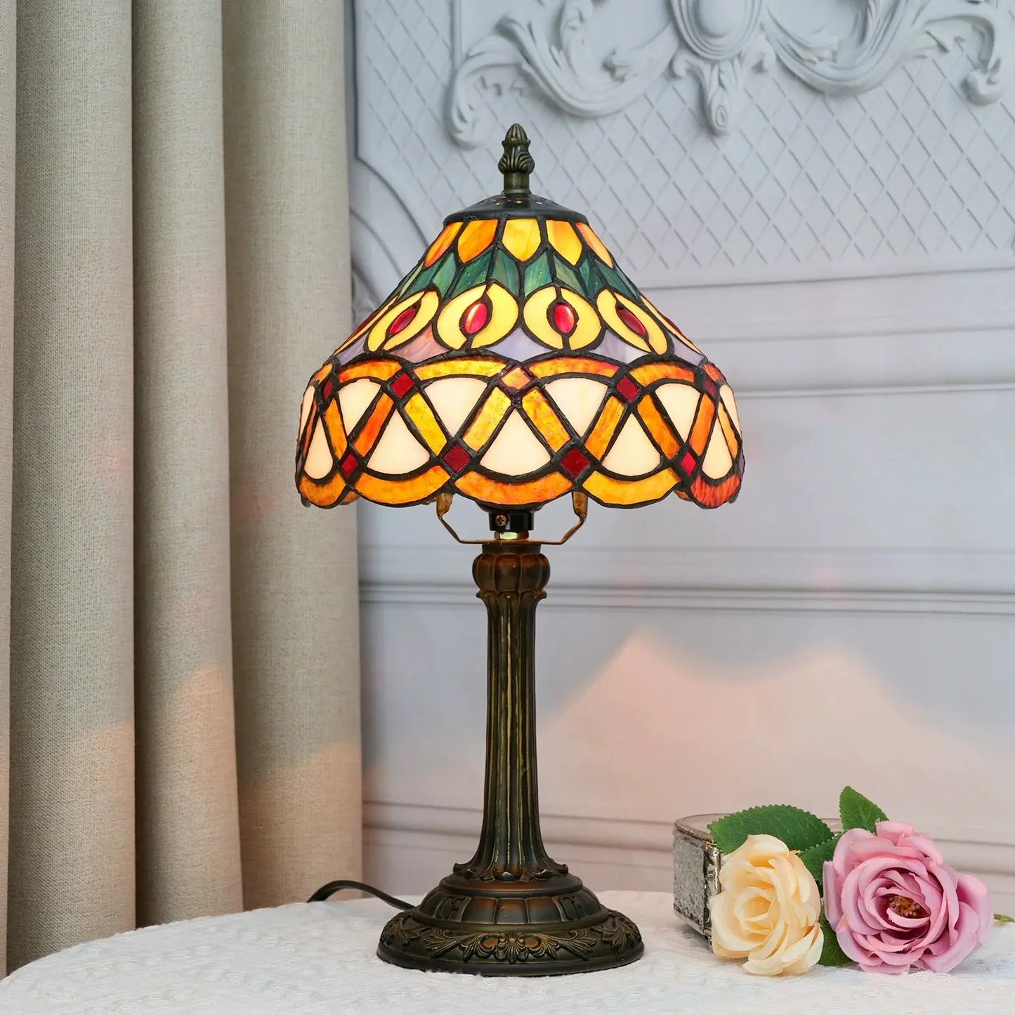 8inch Stained Glass Peacock Feather Lampshade Tiffany Style Bedside Table Lamps - CTL