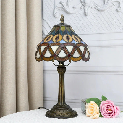 8inch Stained Glass Peacock Feather Lampshade Tiffany Style Bedside Table Lamps - CTL