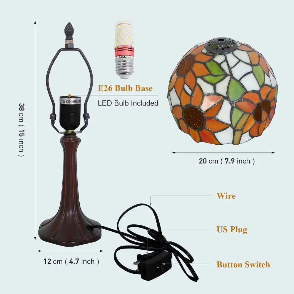 8inch 20cm Vintage Stained Glass Sunflower Pastoral Lampshade Tiffany Table Lamp - CTL