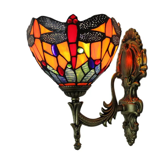 8inch Antique Tiffany Dragonfly Lamps Stained Glass Orange Wall Sconce - CTL