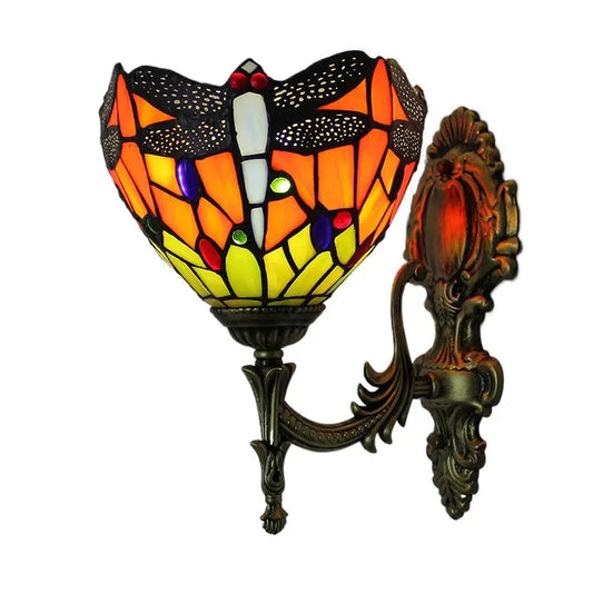 8inch Antique Tiffany Stained Glass Green Dragonfly Wall Sconce - CTL