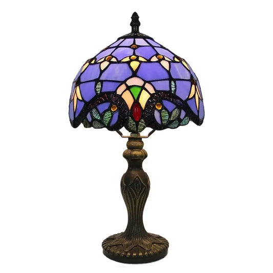 8inch Antique Stained Glass Table Lamp Baroque Blue Lampshade Tiffany Desk Light - CTL