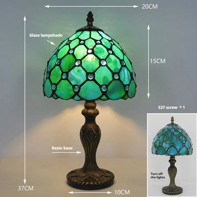 8inch Antique Stained Glass Bead Lampshade Green Tiffany Style Lamp Table Light - CTL