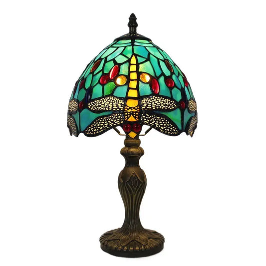 8inch Retro Stained Glass Green Dragonfly Lampshade Tiffany Type Table Lamps - CTL