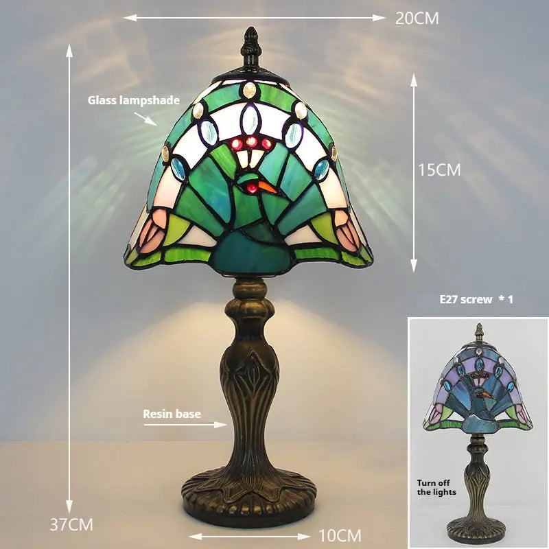 8inch Retro Stained Glass Peacock Flower Lampshade Tiffany Side Table Lamps - CTL