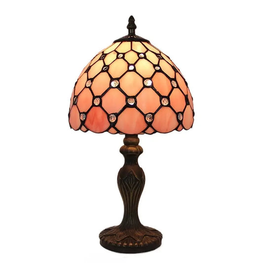 8inch Retro Stained Glass Desk Light Pearl Beads Lampshade Pink Tiffany Style Lamp - CTL
