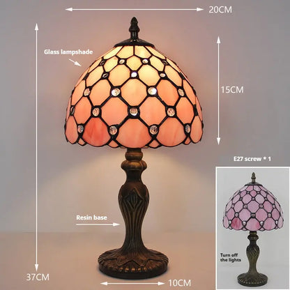 8inch Retro Stained Glass Desk Light Pearl Beads Lampshade Pink Tiffany Style Lamp - CTL