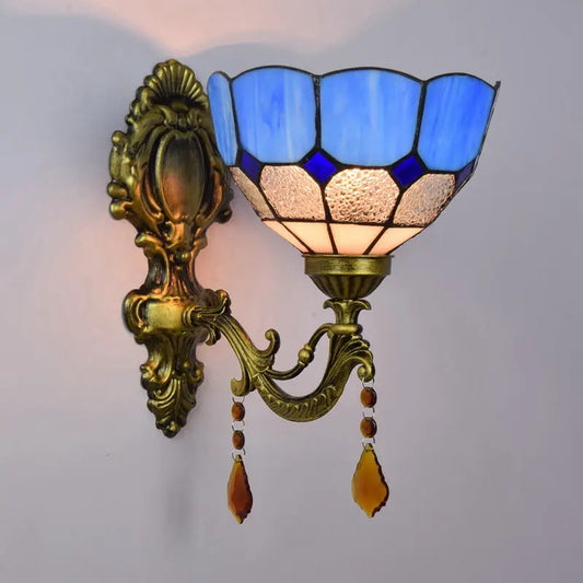 8inch Small Stained Glass Retro Pastoral Lampshade Vintage Tiffany Blue Lamp Wall Sconce - CTL
