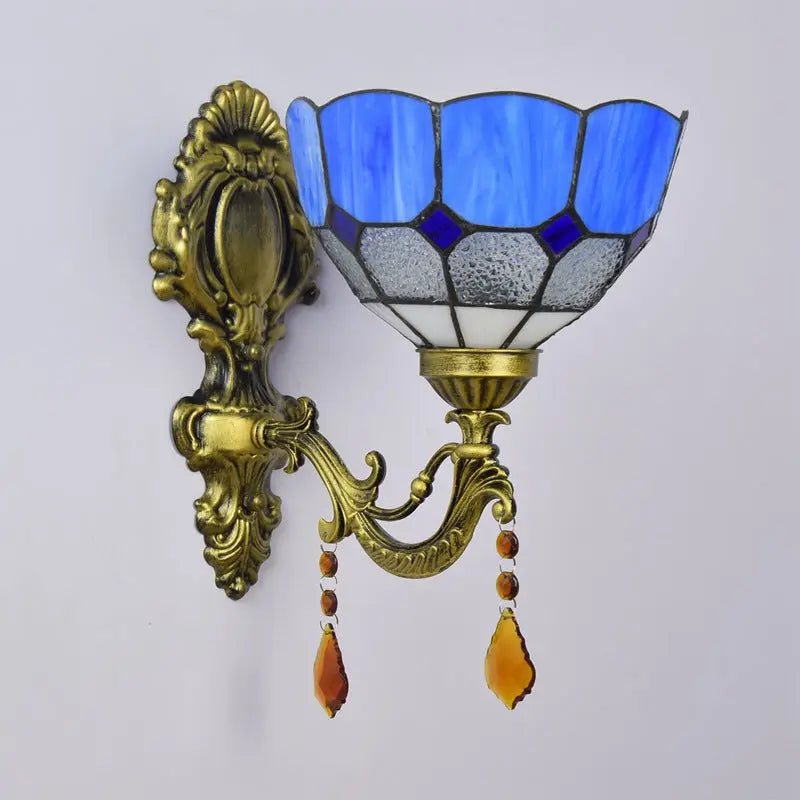 8inch Small Stained Glass Retro Pastoral Lampshade Vintage Tiffany Blue Lamp Wall Sconce - CTL
