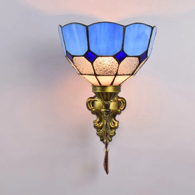 8inch Small Stained Glass Retro Pastoral Lampshade Vintage Tiffany Blue Lamp Wall Sconce - CTL