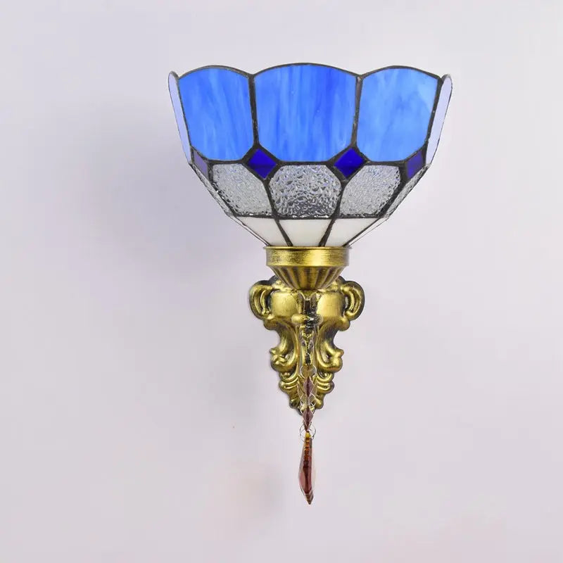 8inch Small Stained Glass Retro Pastoral Lampshade Vintage Tiffany Blue Lamp Wall Sconce - CTL