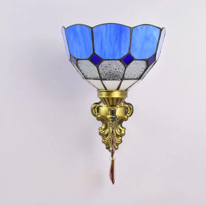 8inch Small Stained Glass Retro Pastoral Lampshade Vintage Tiffany Blue Lamp Wall Sconce - CTL
