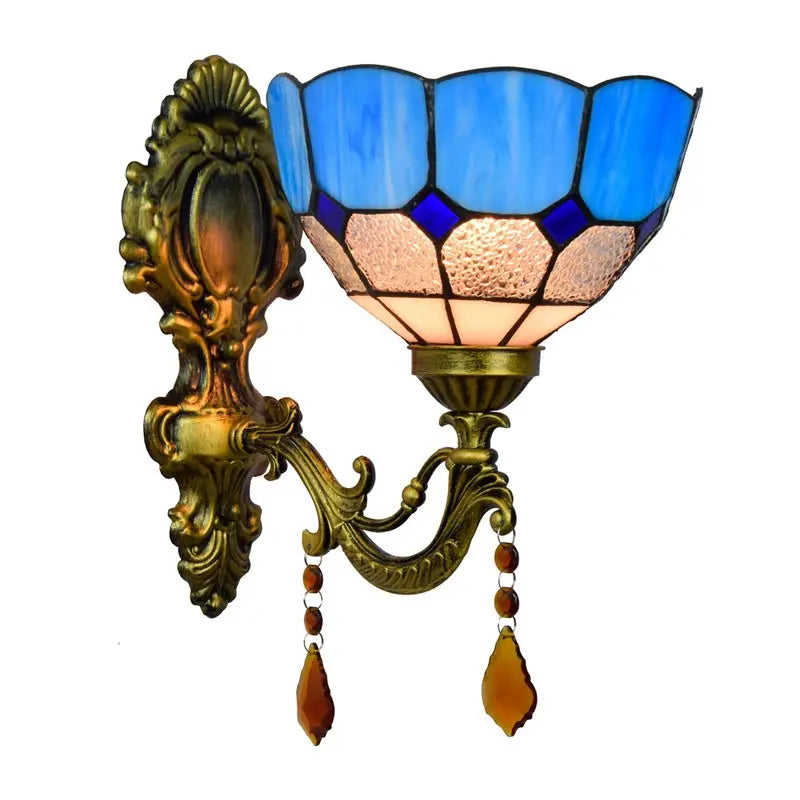 8inch Small Stained Glass Retro Pastoral Lampshade Vintage Tiffany Blue Lamp Wall Sconce - CTL
