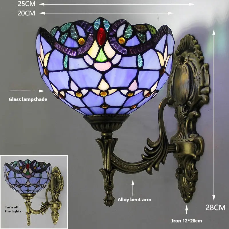 8inch Stained Glass Baroque Blue Lampshade Wall Lamp Tiffany Glass Sconce - CTL