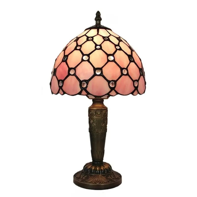 8inch Stained Glass Pastoral Floral Bead Lampshade Vintage Pink Tiffany Lamp - CTL