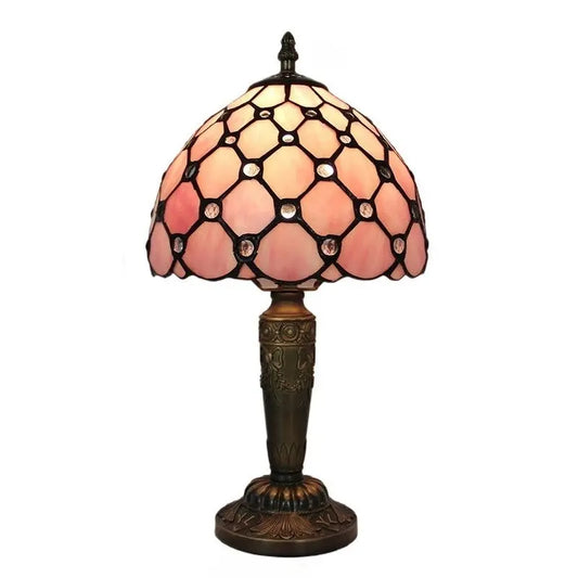 8inch Stained Glass Pastoral Floral Bead Lampshade Vintage Pink Tiffany Lamp - CTL