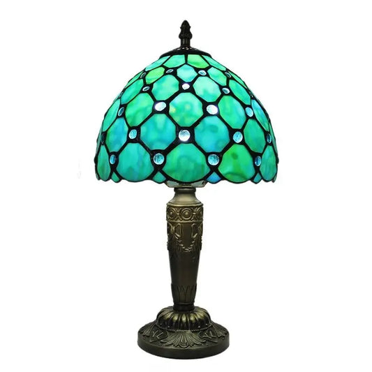 8inch Antique Stained Glass Bead Lampshade Tiffany Lamp Green Table Light - CTL