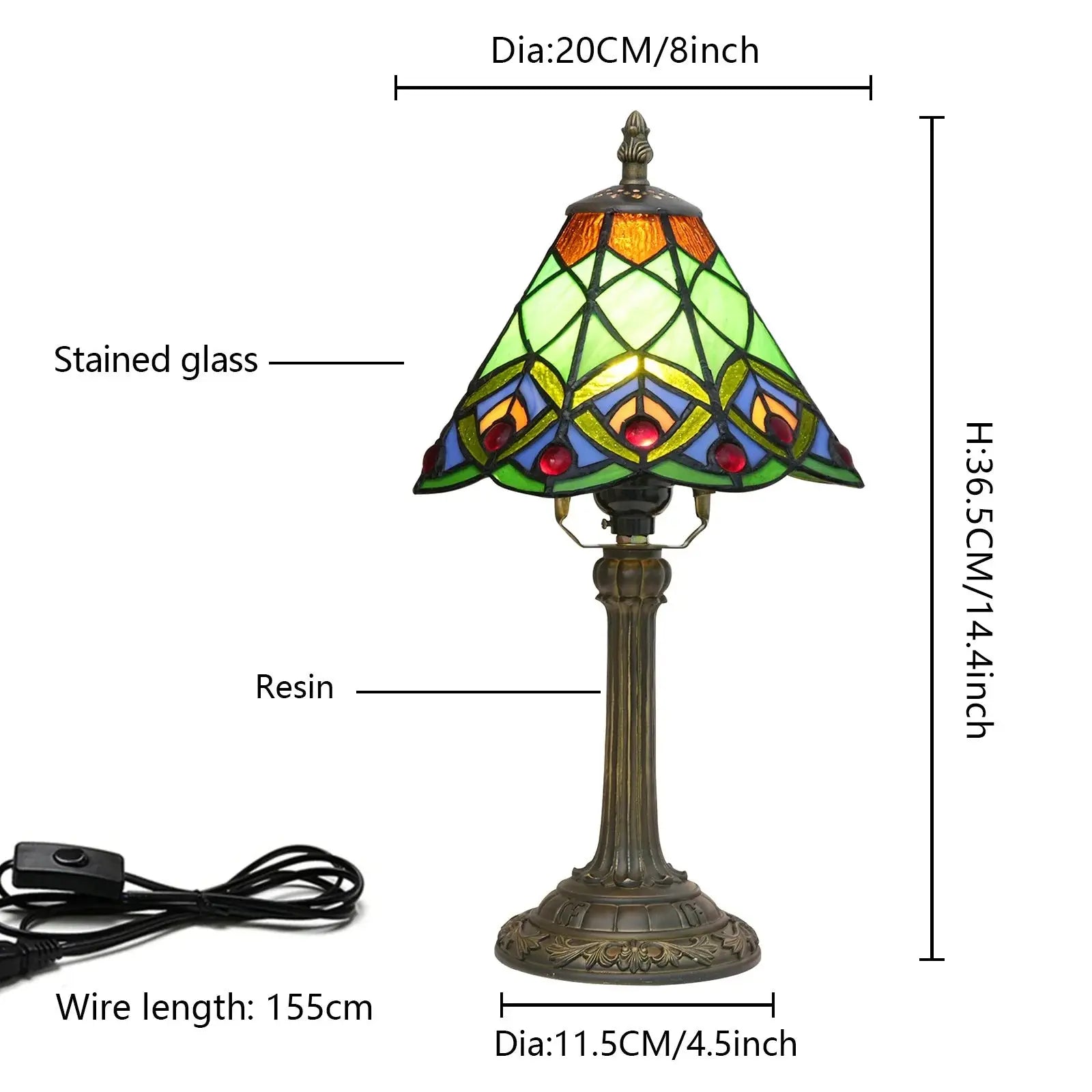 8inch Tiffany Stained Glass Green Beads Lampshade Vintage Table Lamp - CTL