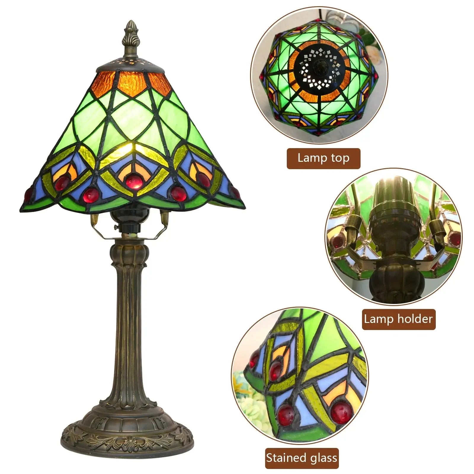 8inch Tiffany Stained Glass Green Beads Lampshade Vintage Table Lamp - CTL