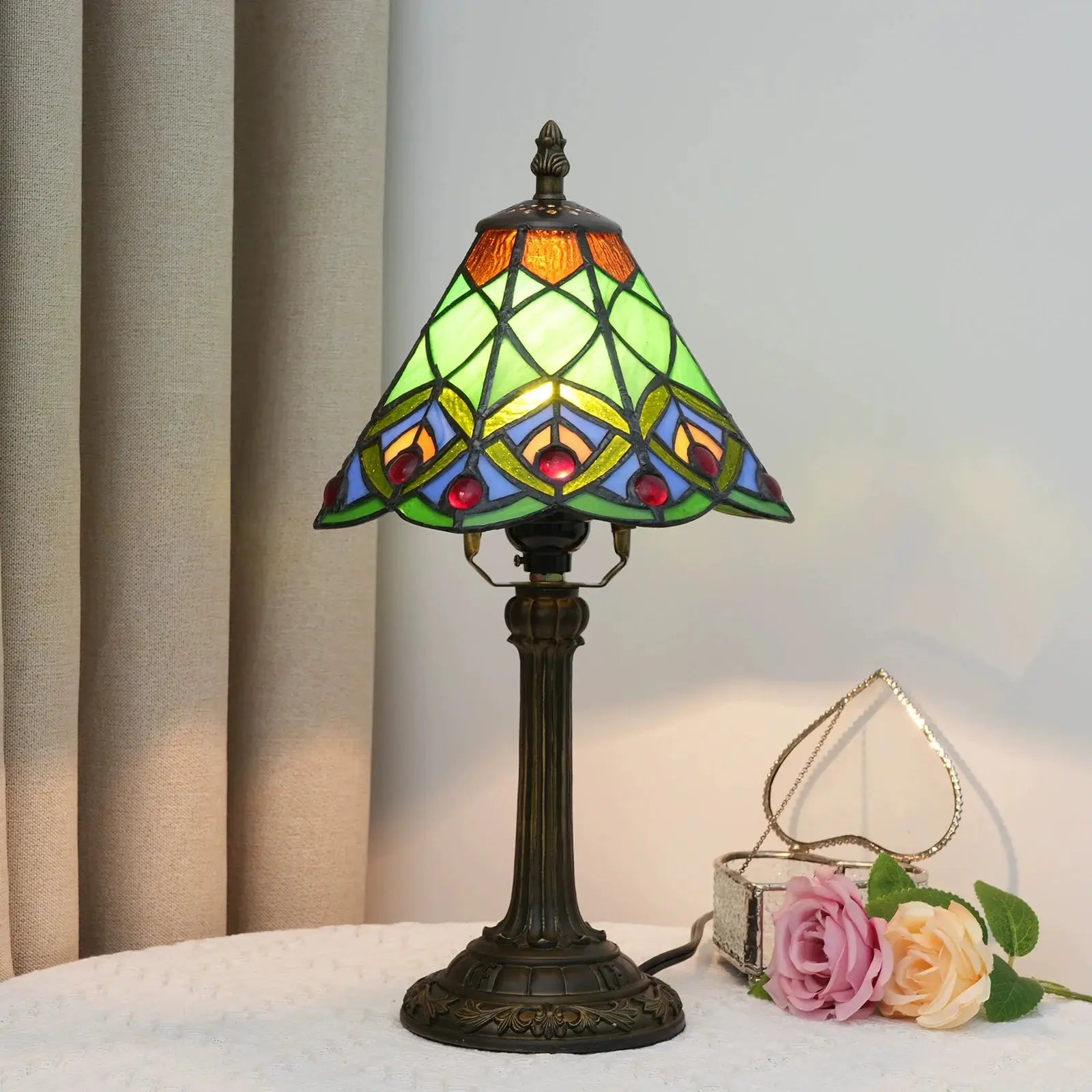 8inch Tiffany Stained Glass Green Beads Lampshade Vintage Table Lamp - CTL