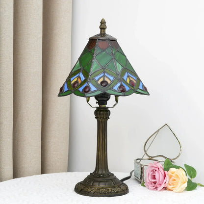 8inch Tiffany Stained Glass Green Beads Lampshade Vintage Table Lamp - CTL