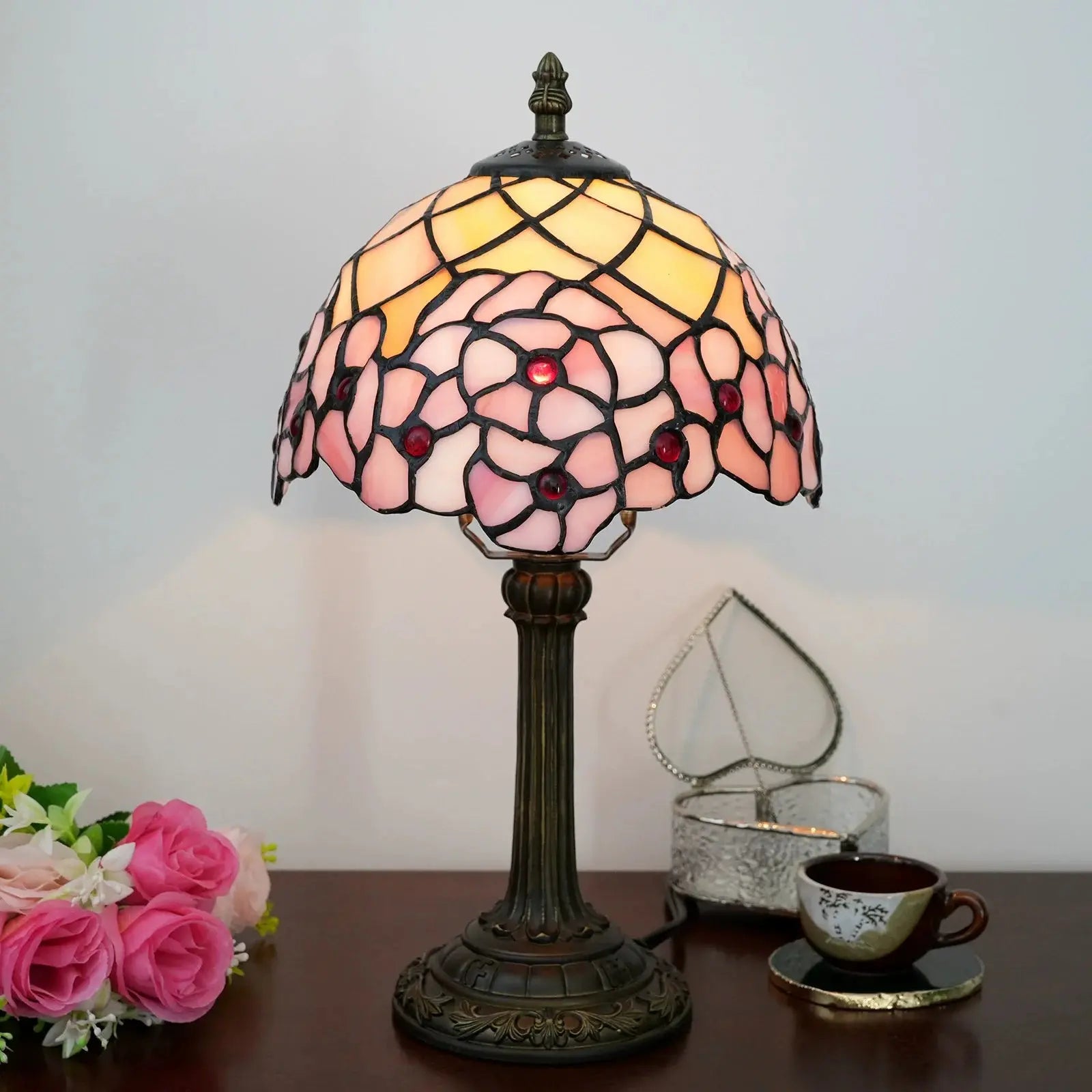 8inch Tiffany Stained Glass Pink Cherry Blossom Bedroom Lampshade Desk Lamp - CTL