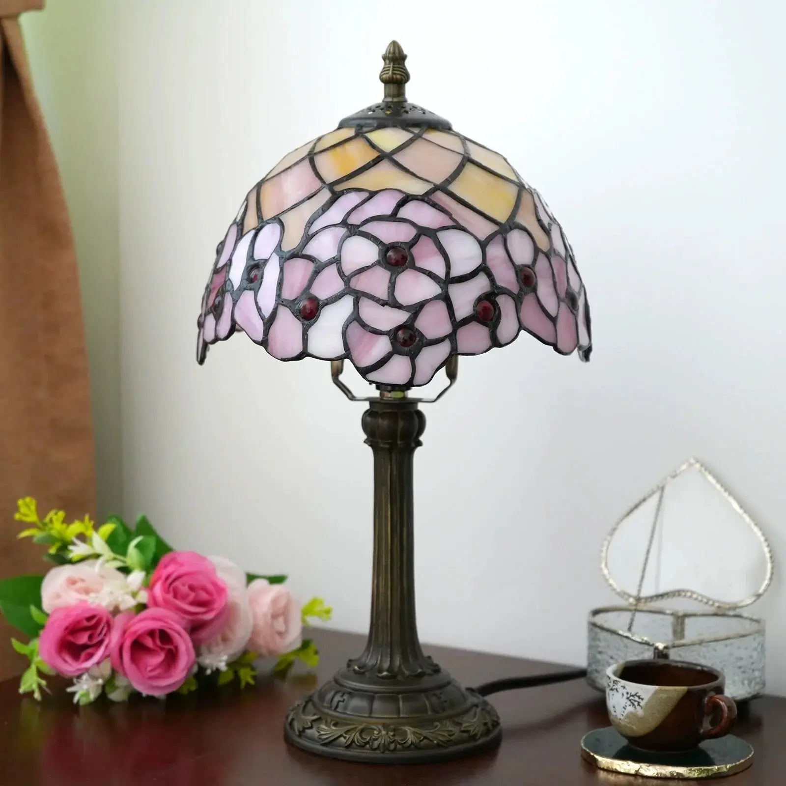 8inch Tiffany Stained Glass Pink Cherry Blossom Bedroom Lampshade Desk Lamp - CTL