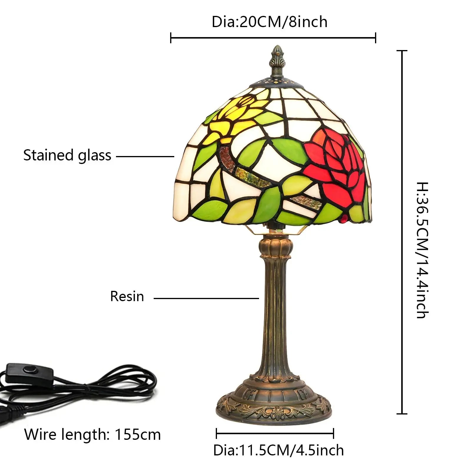 8inch Tiffany Stained Glass Table Lamp Two-color Rose Lampshade Bedroom Bedside Light - CTL