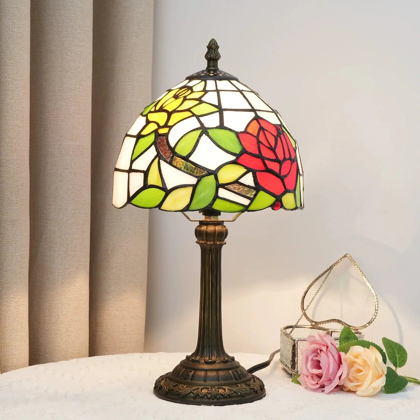 8inch Tiffany Stained Glass Table Lamp Two-color Rose Lampshade Bedroom Bedside Light - CTL