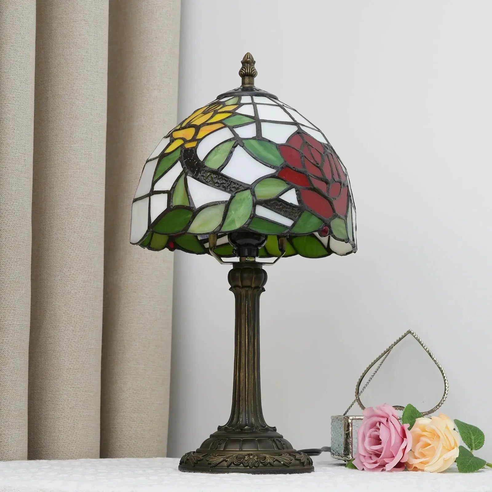 8inch Tiffany Stained Glass Table Lamp Two-color Rose Lampshade Bedroom Bedside Light - CTL