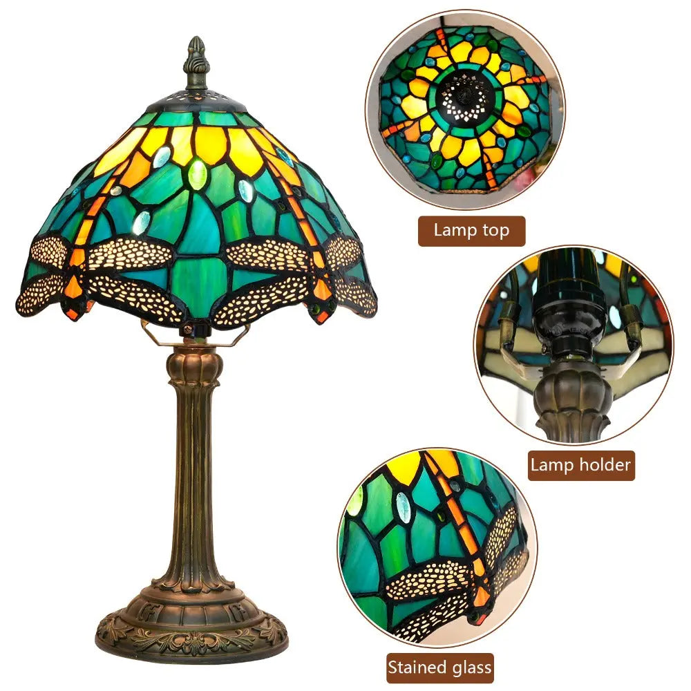 8inch Vintage Stained Glass Green Dragonfly Lampshade Tiffany Table Lamp - CTL