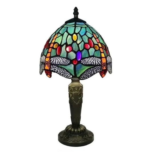 8inch Tiffany Dragonfly Table Lamp with Vintage Stained Glass Flower Lampshade - CTL