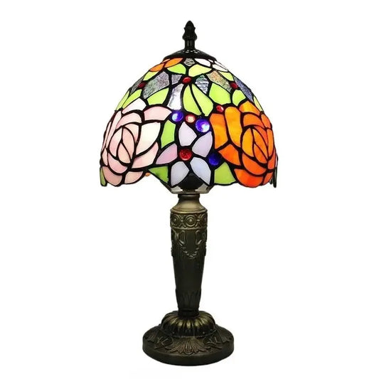 8inch Vintage Desk Light Stained Glass Tiffany Lamp with Roses Flower Lampshade - CTL