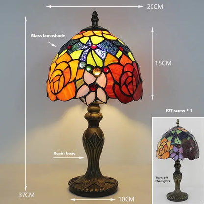 8inch Vintage Desk Light Stained Glass Rose Lampshade Tiffany Flower Lamp - CTL