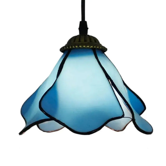 8inch Vintage Lily Tiffany Lamp Stained Glass Blue Lotus Lampshade Small Pendant Light - CTL
