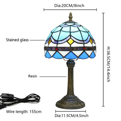 8inch Small Tiffany Style Lamp Stained Glass Blue Lampshade Vintage Desk Light - CTL