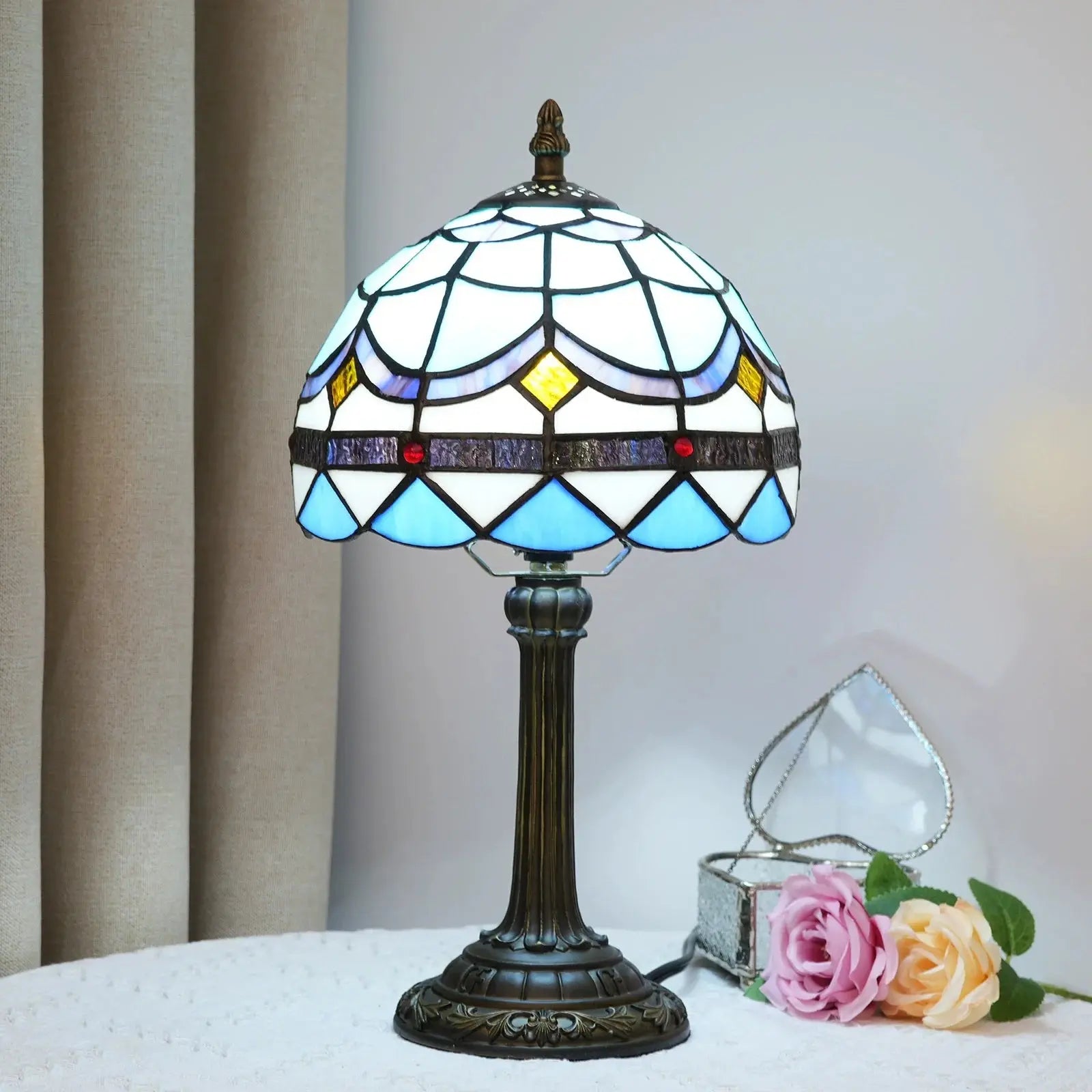 8inch Small Tiffany Style Lamp Stained Glass Blue Lampshade Vintage Desk Light - CTL