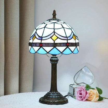 8inch Small Tiffany Style Lamp Stained Glass Blue Lampshade Vintage Desk Light - CTL