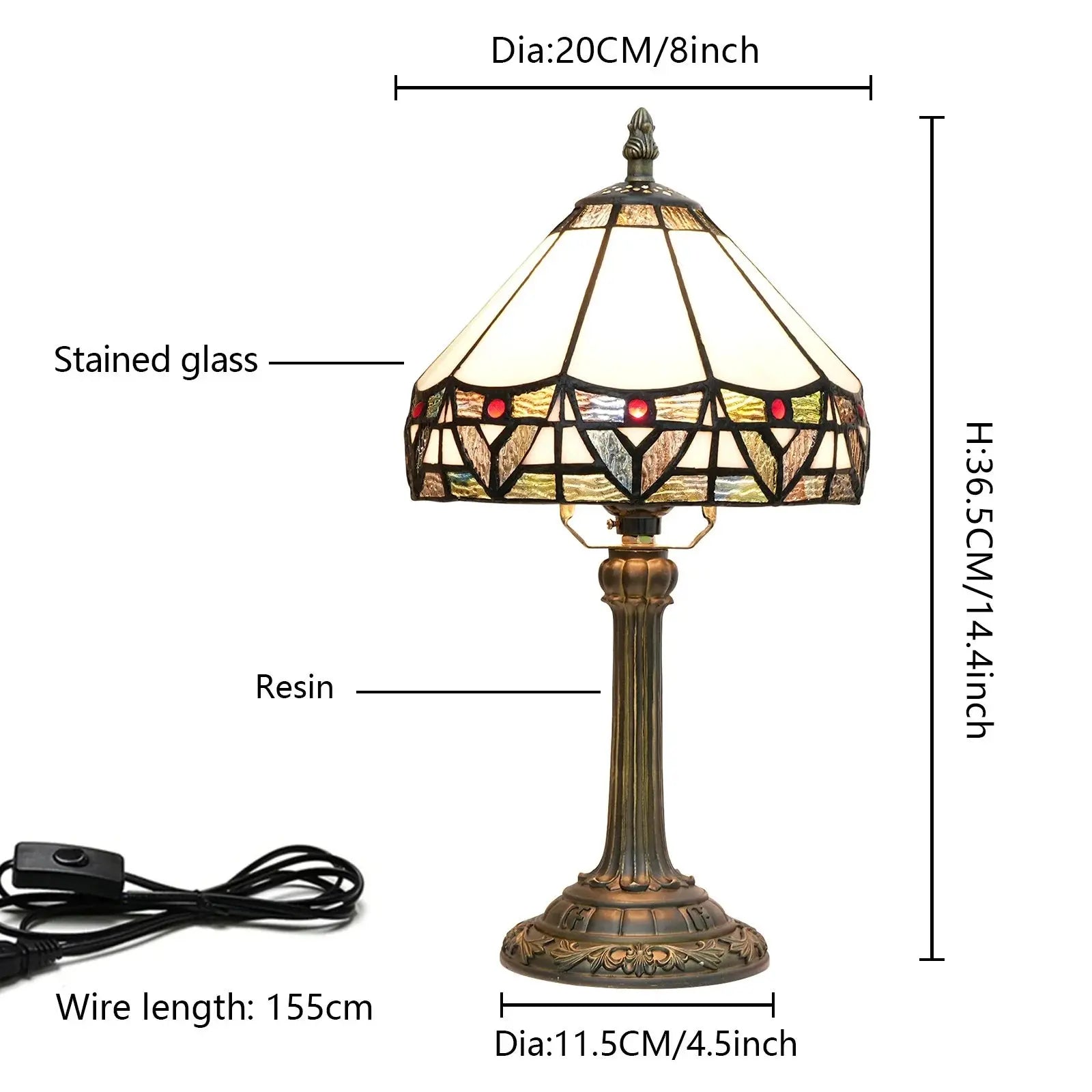 8inch White Tiffany Lamp Stained Glass Lampshade Vintage Table Lamp - CTL