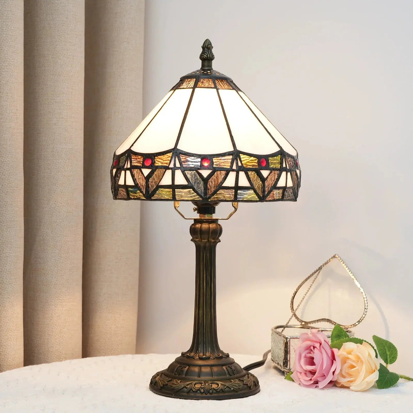8inch White Tiffany Lamp Stained Glass Lampshade Vintage Table Lamp - CTL