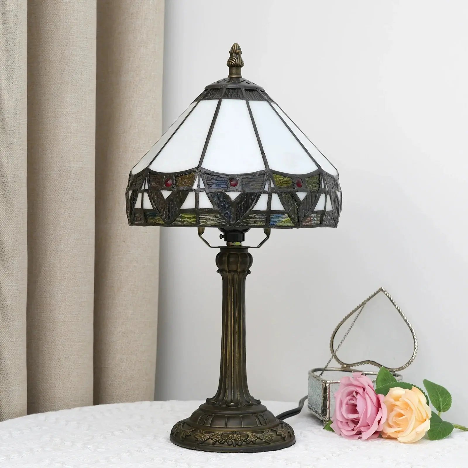8inch White Tiffany Lamp Stained Glass Lampshade Vintage Table Lamp - CTL