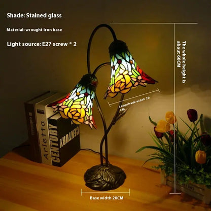 Vintage Stained Glass Flower Leaf Floral Lampshade Tiffany Desk Lamp - CTL
