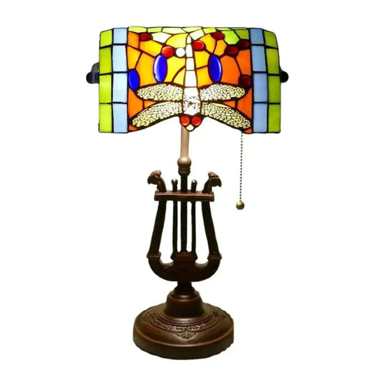 Antique Stained Glass Dragonfly Lampshade Bankers Light Library Table Lamp - CTL