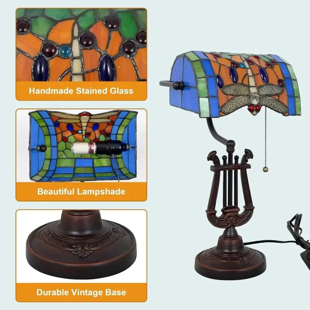 Antique Stained Glass Dragonfly Lampshade Bankers Light Library Table Lamp - CTL