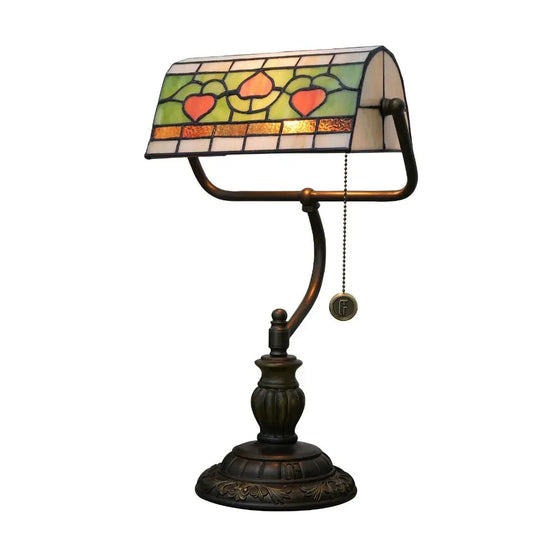 Antique Tiffany Stained Glass Green Leaf Peach Lampshade Bankers Desk Light - CTL