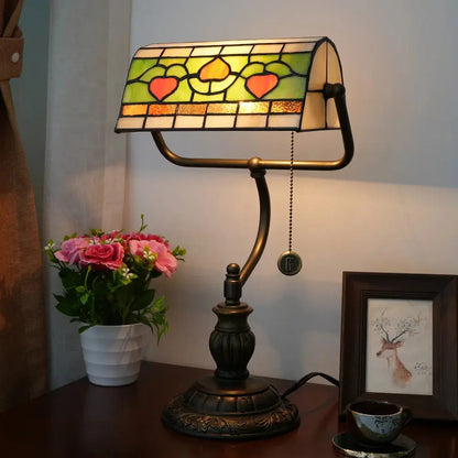 Antique Tiffany Stained Glass Green Leaf Peach Lampshade Bankers Desk Light - CTL