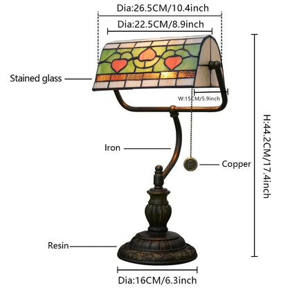 Antique Tiffany Stained Glass Green Leaf Peach Lampshade Bankers Desk Light - CTL