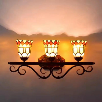 Antique Tiffany 3 Light Wall Sconce Stained Glass Floral Lampshade Wall Lamp - CTL