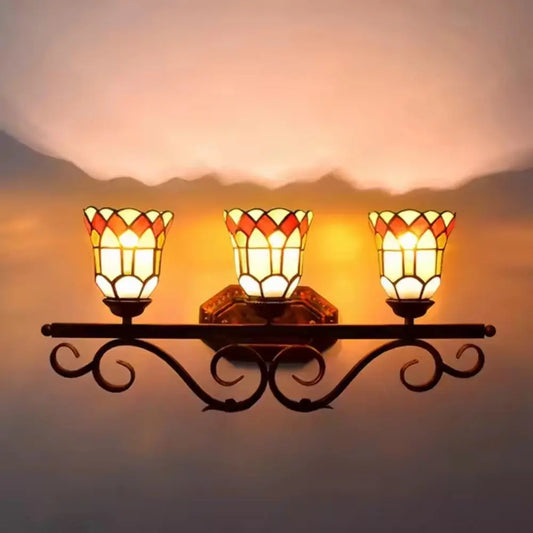 Antique Tiffany 3 Light Wall Sconce Stained Glass Floral Lampshade Wall Lamp - CTL