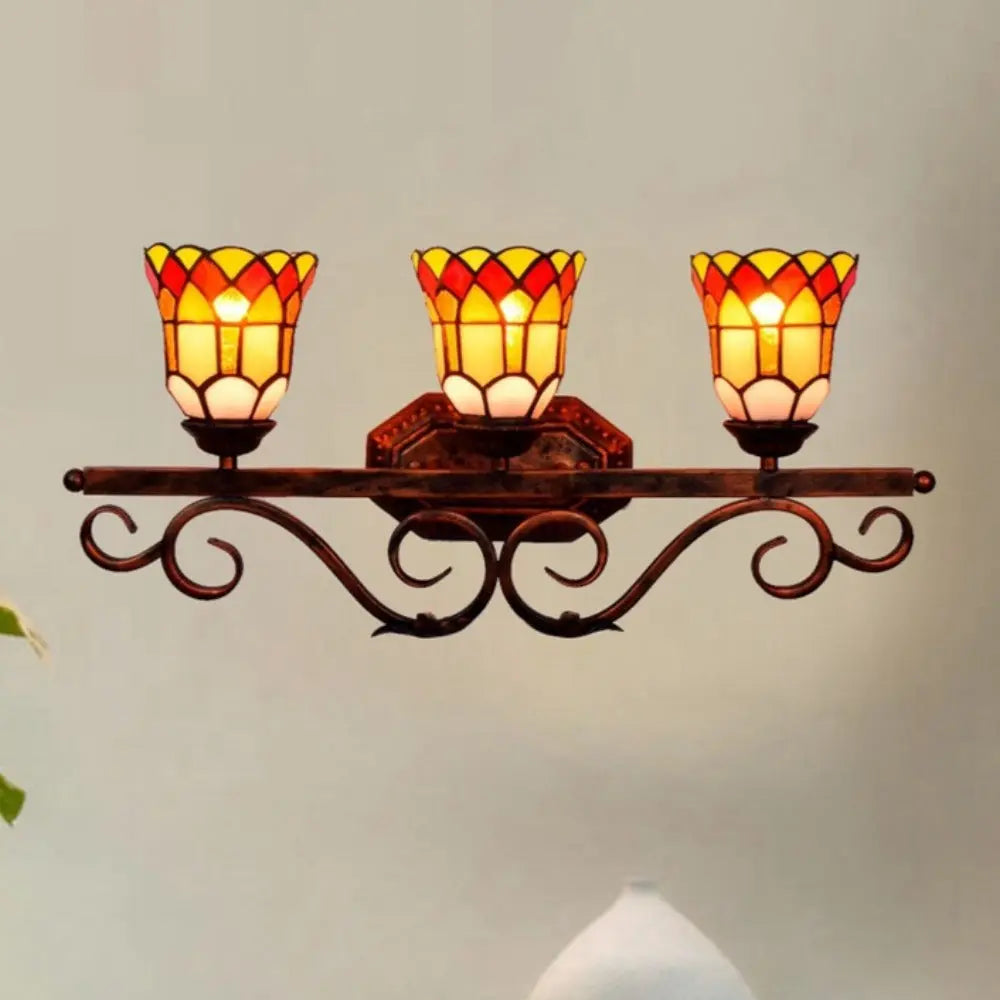 Antique Tiffany 3 Light Wall Sconce Stained Glass Floral Lampshade Wall Lamp - CTL